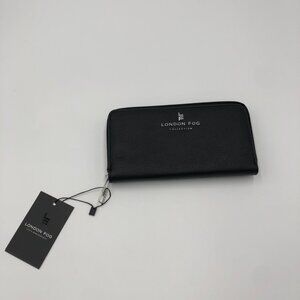 London Fog Cambridge Zip Around Wallet Black Faux Leather Elegant Compact NWT‎